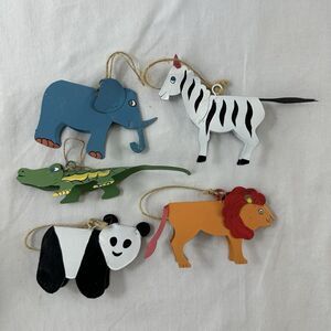Set Of 5 Handmade Zoo Safari Animal Metal‎ Painted Ornaments Christmas Holiday